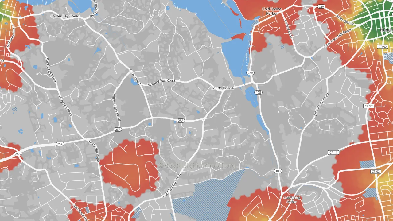 Walk Grade map of Laurel Hollow, NY, walkable areas in green and car-dependent areas in red
