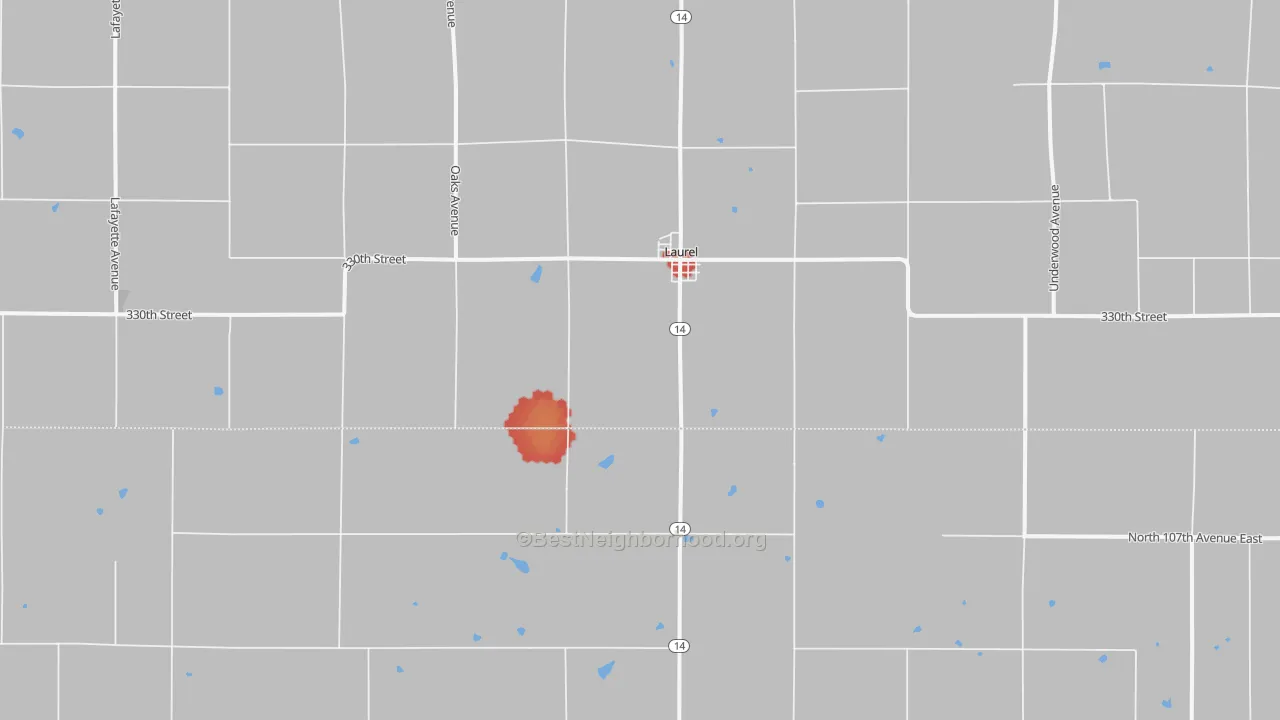 Walk Grade map of Laurel, IA, walkable areas in green and car-dependent areas in red