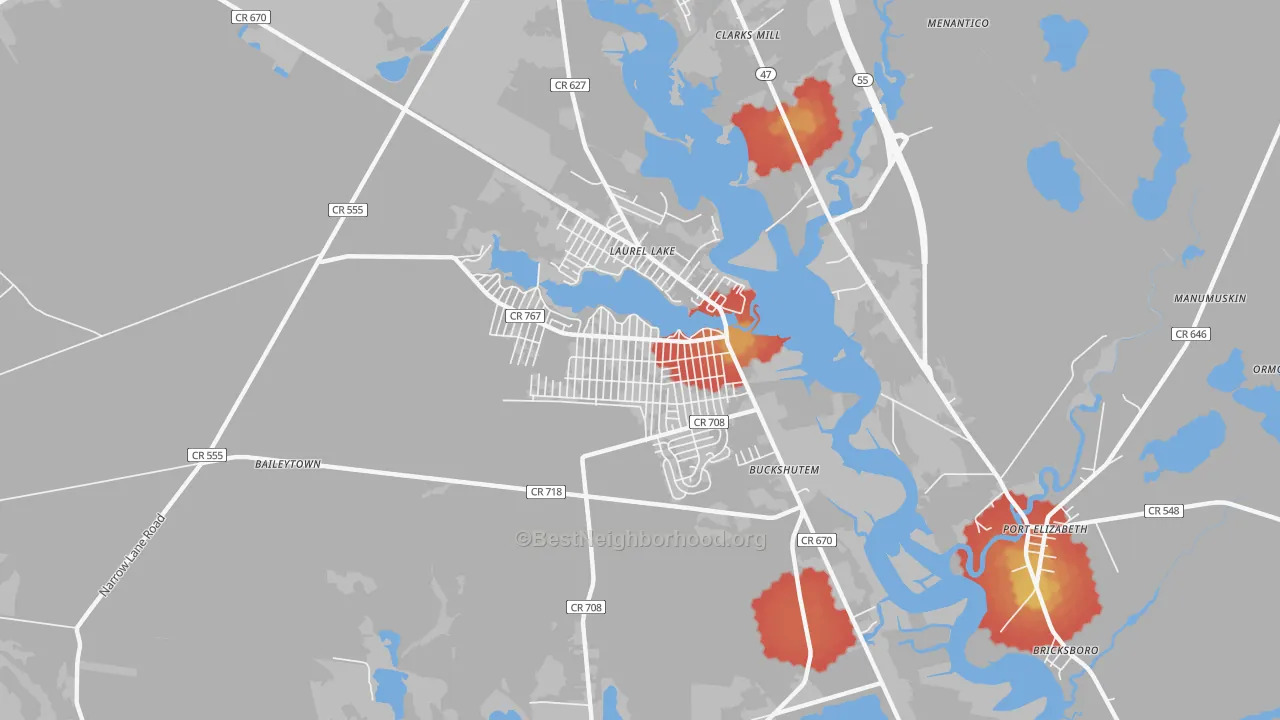 Walk Grade map of Laurel Lake, NJ, walkable areas in green and car-dependent areas in red