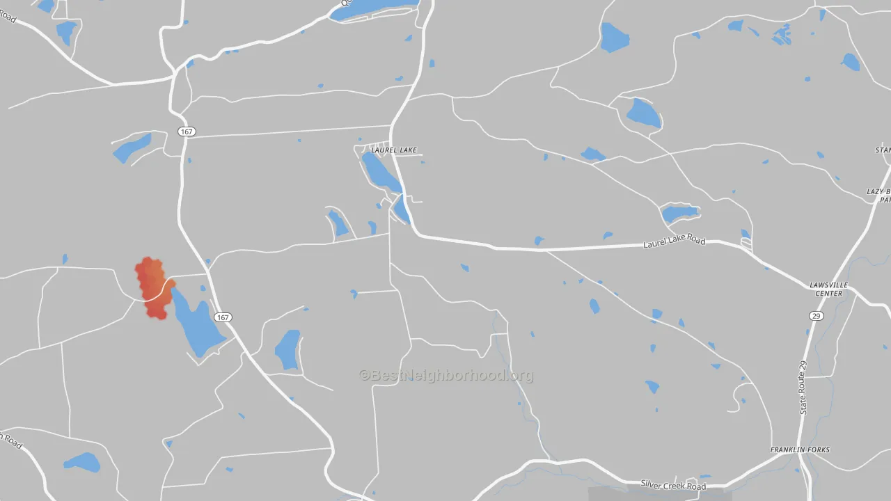 Walk Grade map of Laurel Lake, PA, walkable areas in green and car-dependent areas in red
