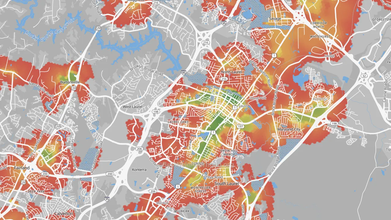 Walk Grade map of Laurel, MD, walkable areas in green and car-dependent areas in red