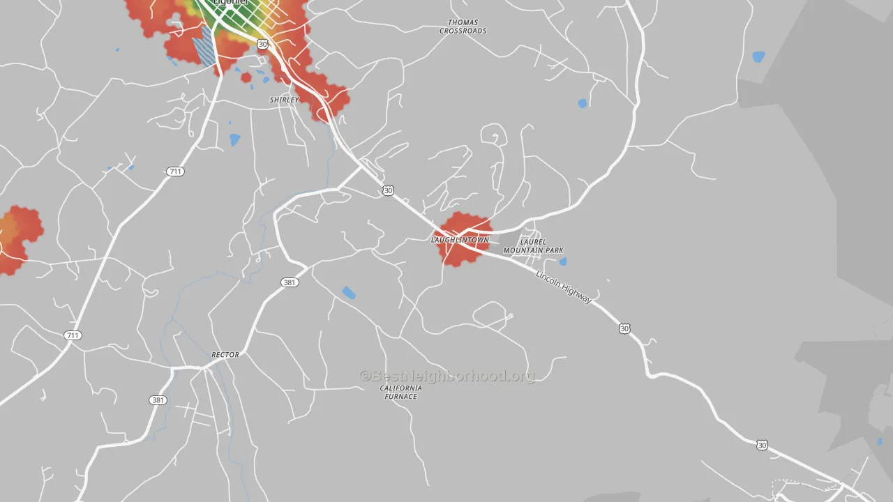 Walk Grade map of Laurel Mountain, PA, walkable areas in green and car-dependent areas in red
