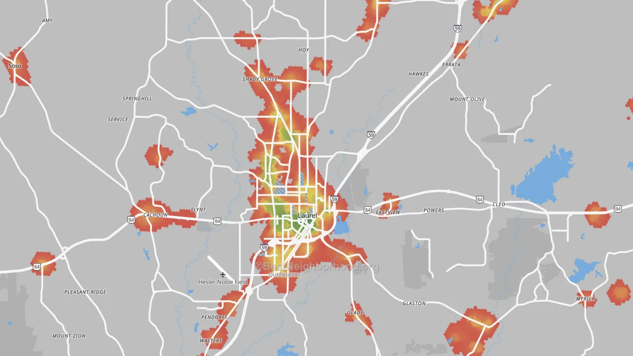 Walk Grade map of Laurel, MS, walkable areas in green and car-dependent areas in red