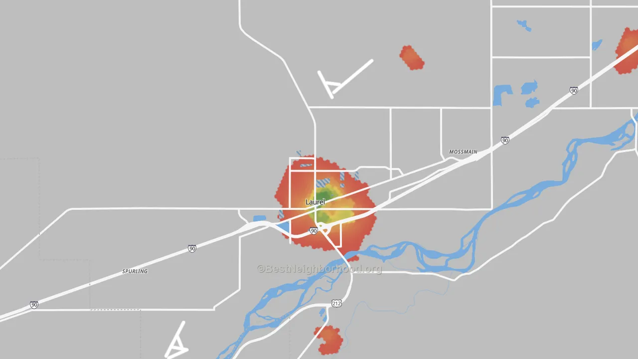 Walk Grade map of Laurel, MT, walkable areas in green and car-dependent areas in red