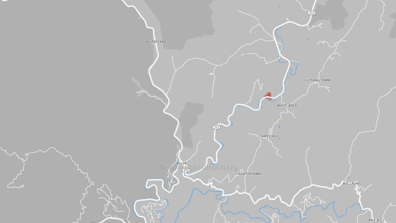 Walk Grade map of Laurel, NC, walkable areas in green and car-dependent areas in red
