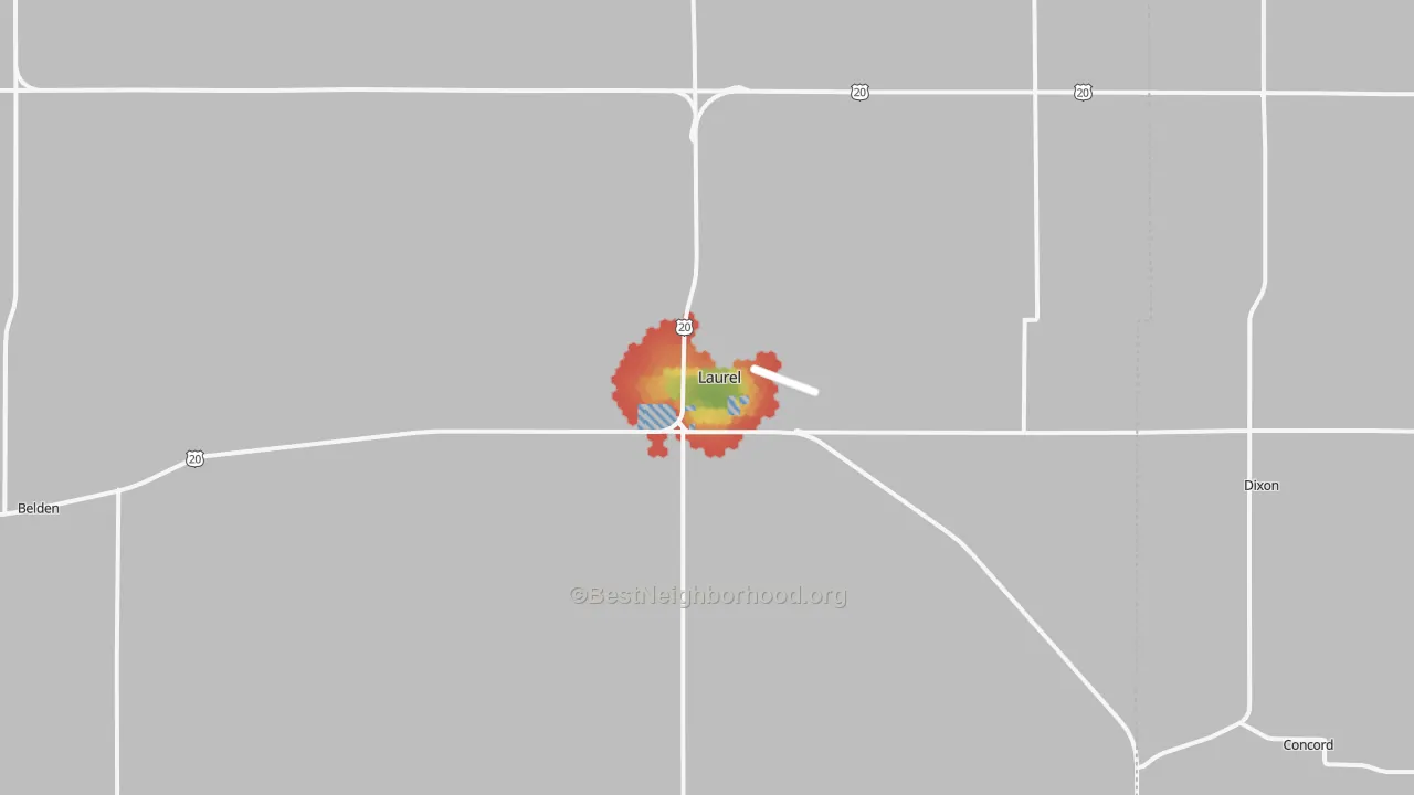 Walk Grade map of Laurel, NE, walkable areas in green and car-dependent areas in red