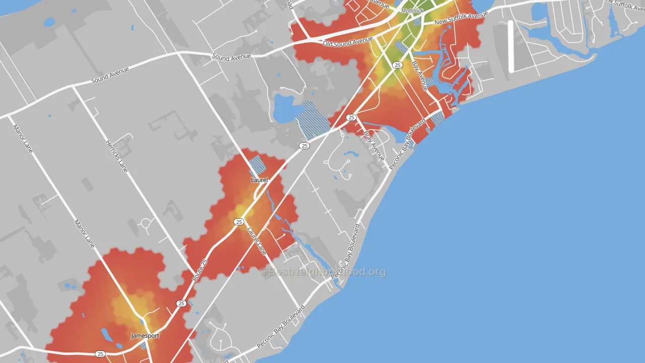Walk Grade map of Laurel, NY, walkable areas in green and car-dependent areas in red