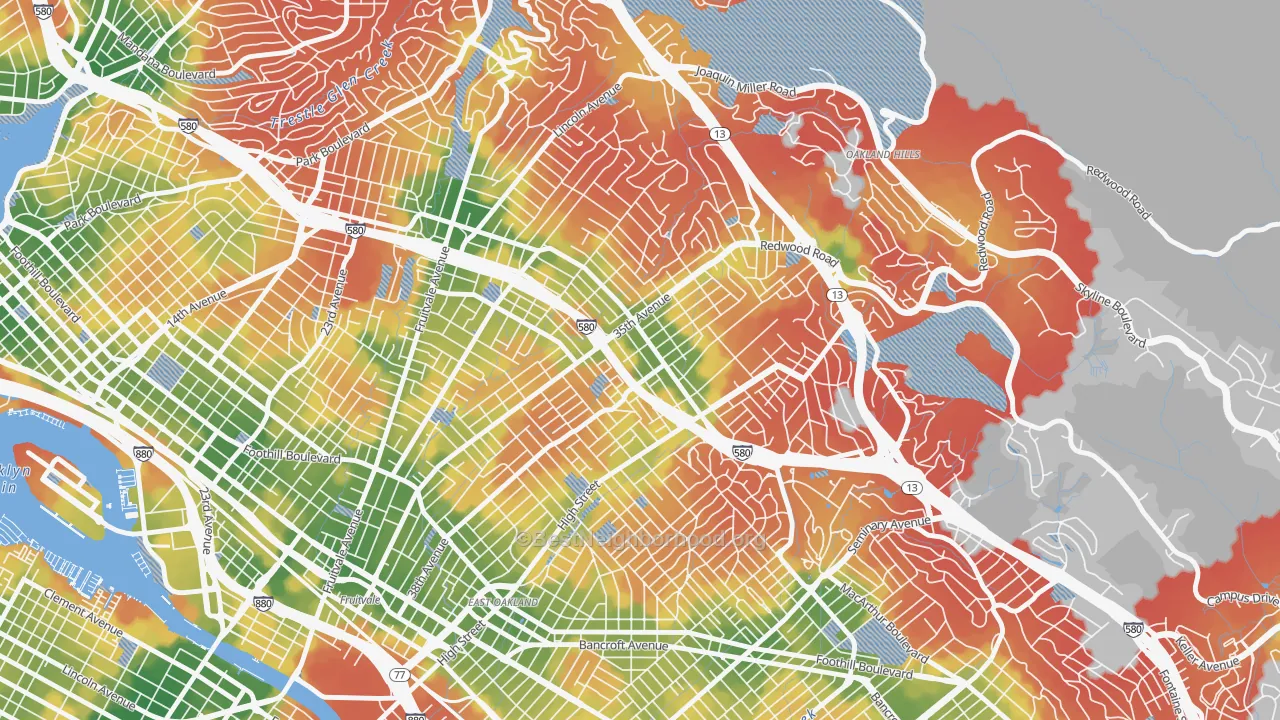 Walk Grade map of Laurel, Oakland, CA, walkable areas in green and car-dependent areas in red