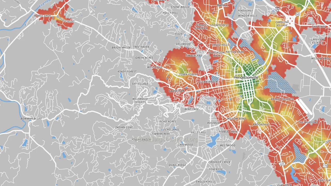 Walk Grade map of Laurel Park, NC, walkable areas in green and car-dependent areas in red