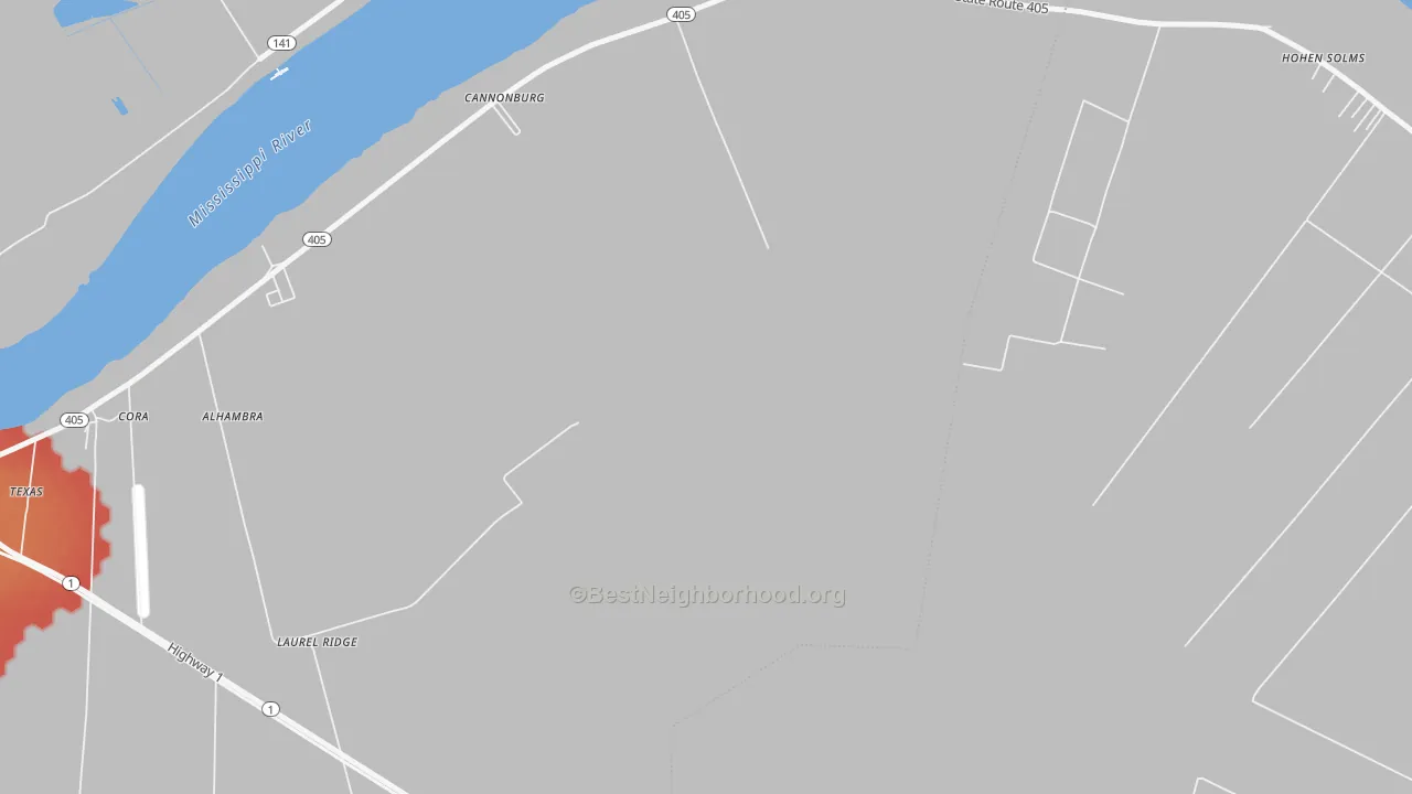 Walk Grade map of Laurel Ridge, LA, walkable areas in green and car-dependent areas in red