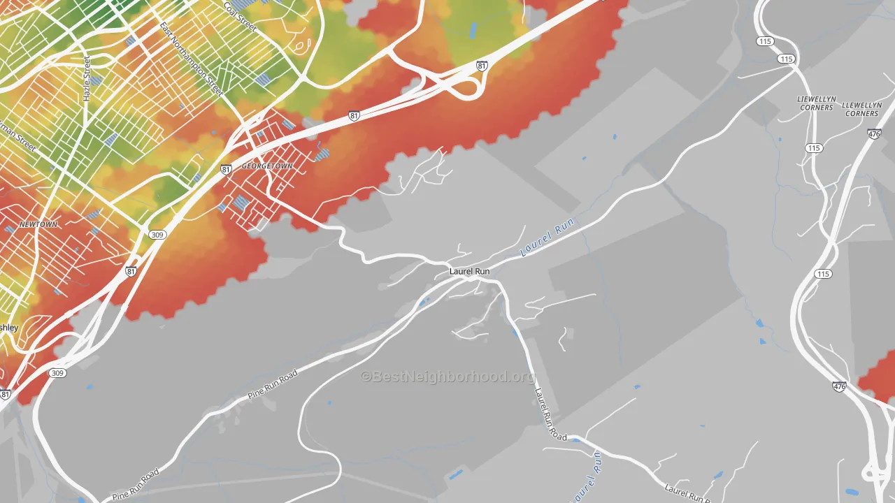 Walk Grade map of Laurel Run, PA, walkable areas in green and car-dependent areas in red