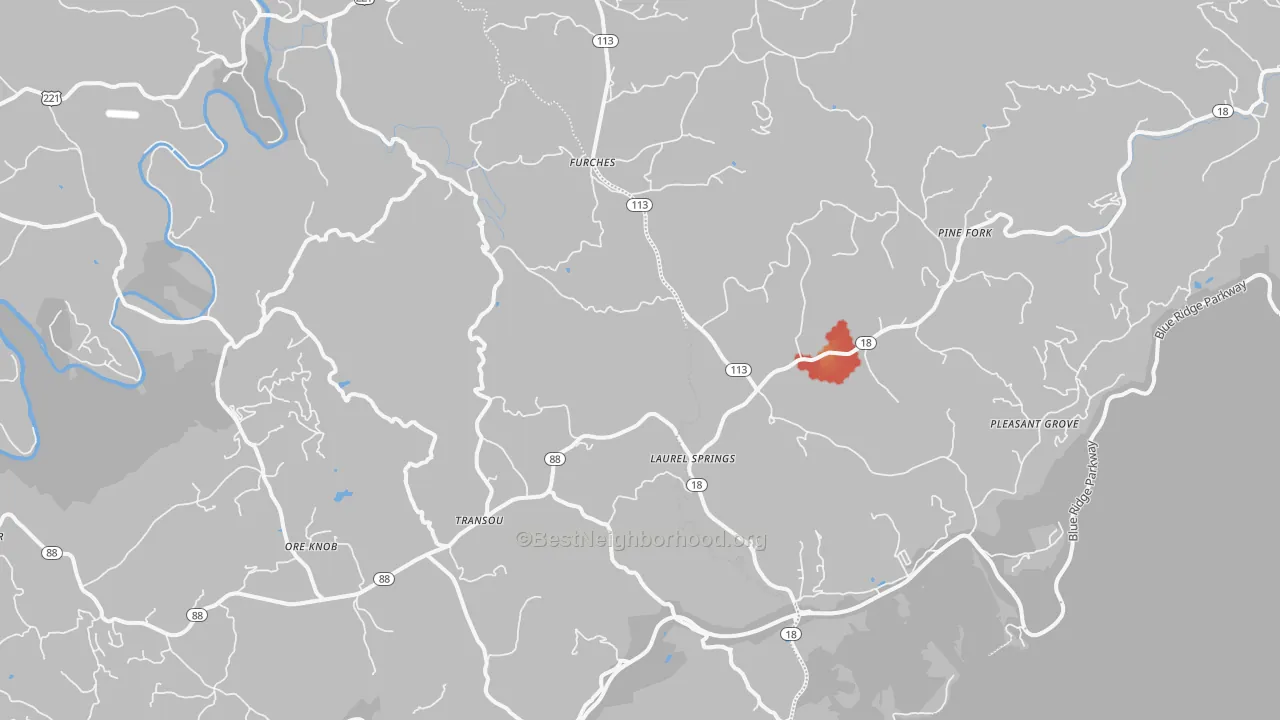 Walk Grade map of Laurel Springs, NC, walkable areas in green and car-dependent areas in red