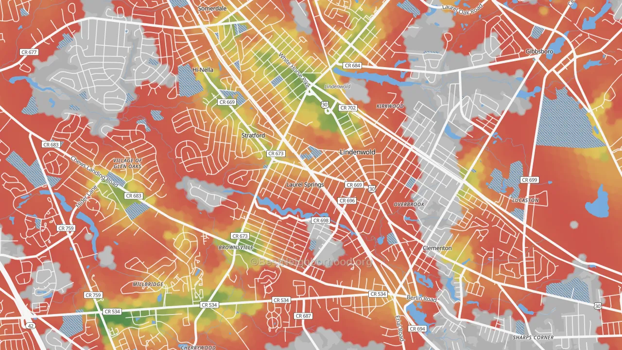 Walk Grade map of Laurel Springs, NJ, walkable areas in green and car-dependent areas in red