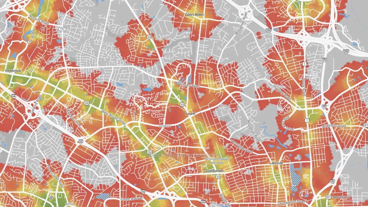 Walk Grade map of Laurel, VA, walkable areas in green and car-dependent areas in red