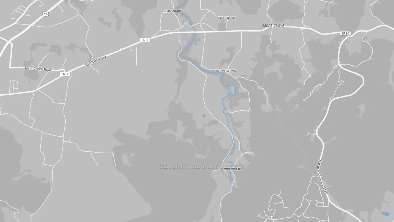 Walk Grade map of Laurelburg, TN, walkable areas in green and car-dependent areas in red