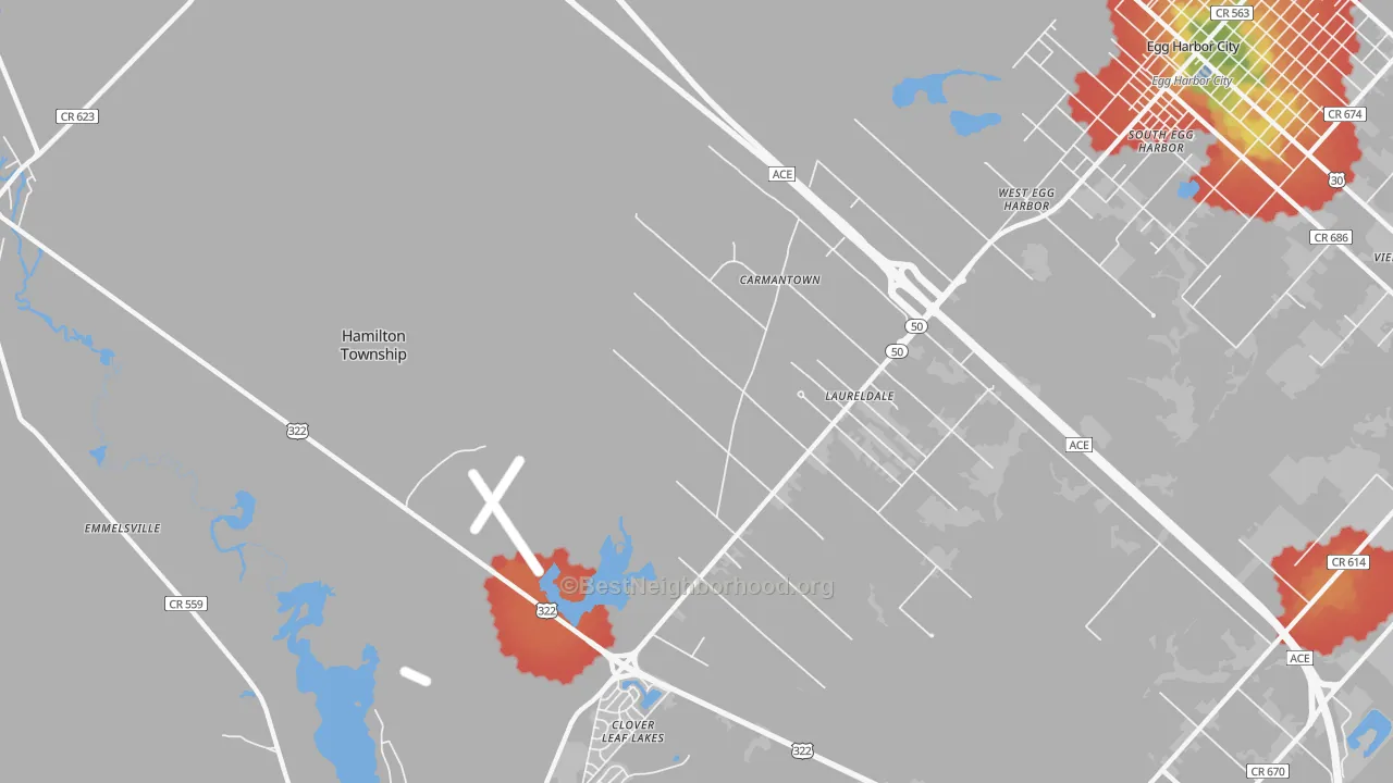 Walk Grade map of Laureldale, NJ, walkable areas in green and car-dependent areas in red