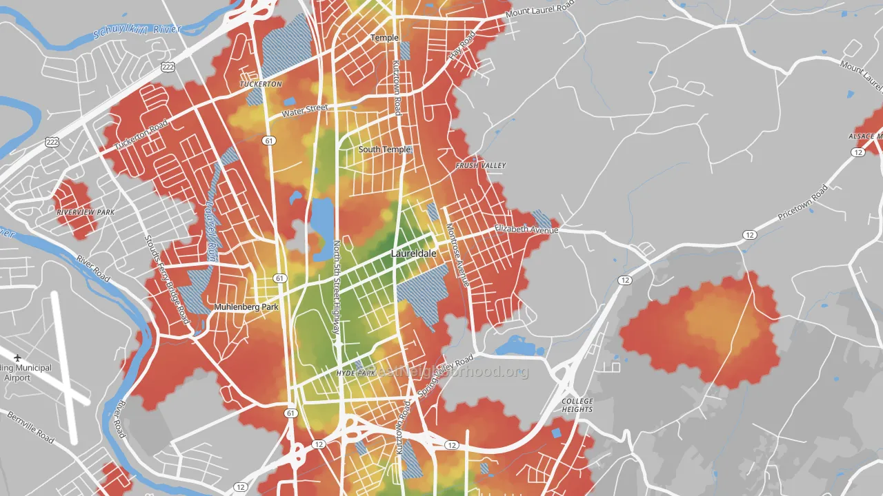 Walk Grade map of Laureldale, PA, walkable areas in green and car-dependent areas in red