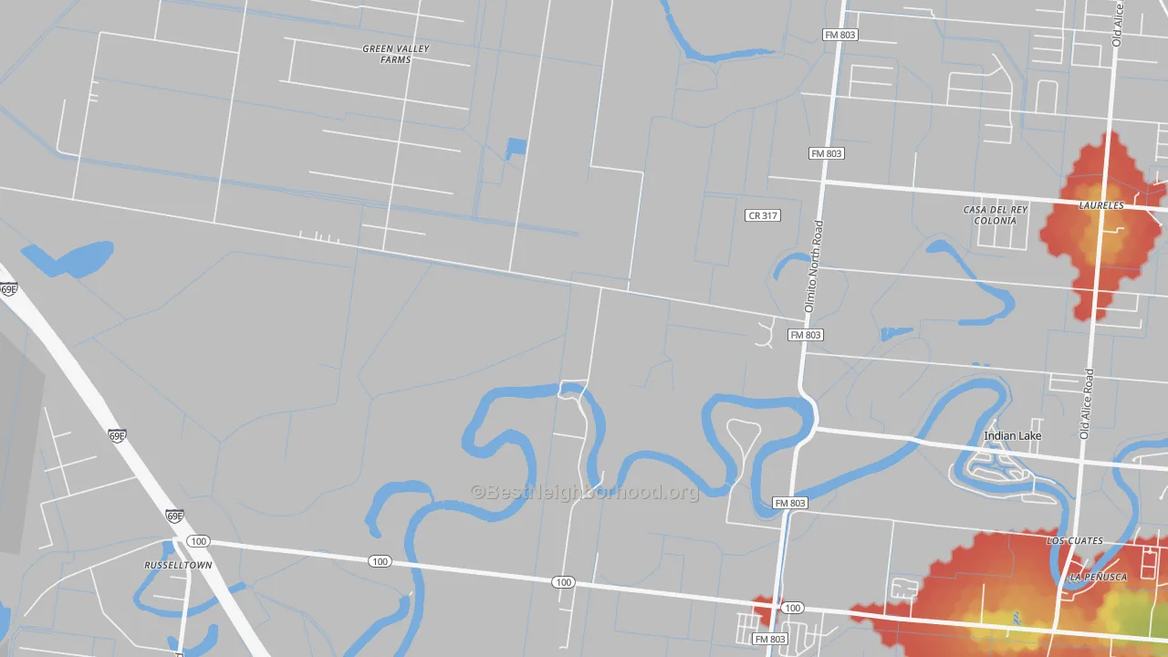 Walk Grade map of Laureles, TX, walkable areas in green and car-dependent areas in red
