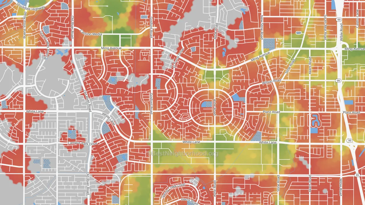 Walk Grade map of Laurelglen, Bakersfield, CA, walkable areas in green and car-dependent areas in red