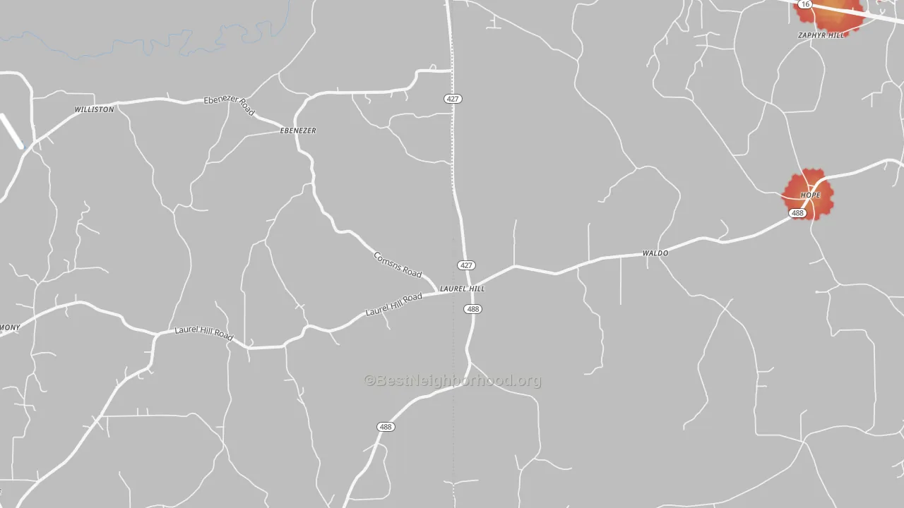 Walk Grade map of Laurelhill, MS, walkable areas in green and car-dependent areas in red