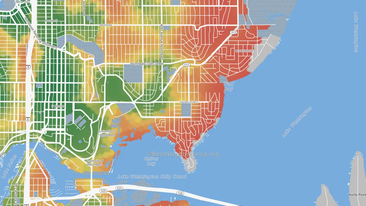 Walk Grade map of Laurelhurst, Seattle, WA, walkable areas in green and car-dependent areas in red