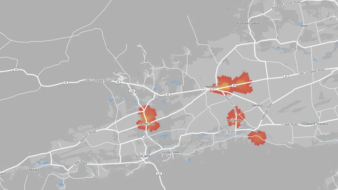 Walk Grade map of Laurelton, PA, walkable areas in green and car-dependent areas in red