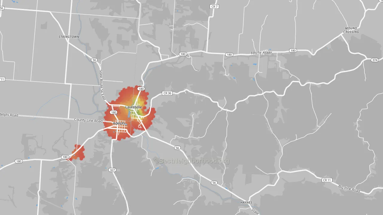 Walk Grade map of Laurelville, OH, walkable areas in green and car-dependent areas in red