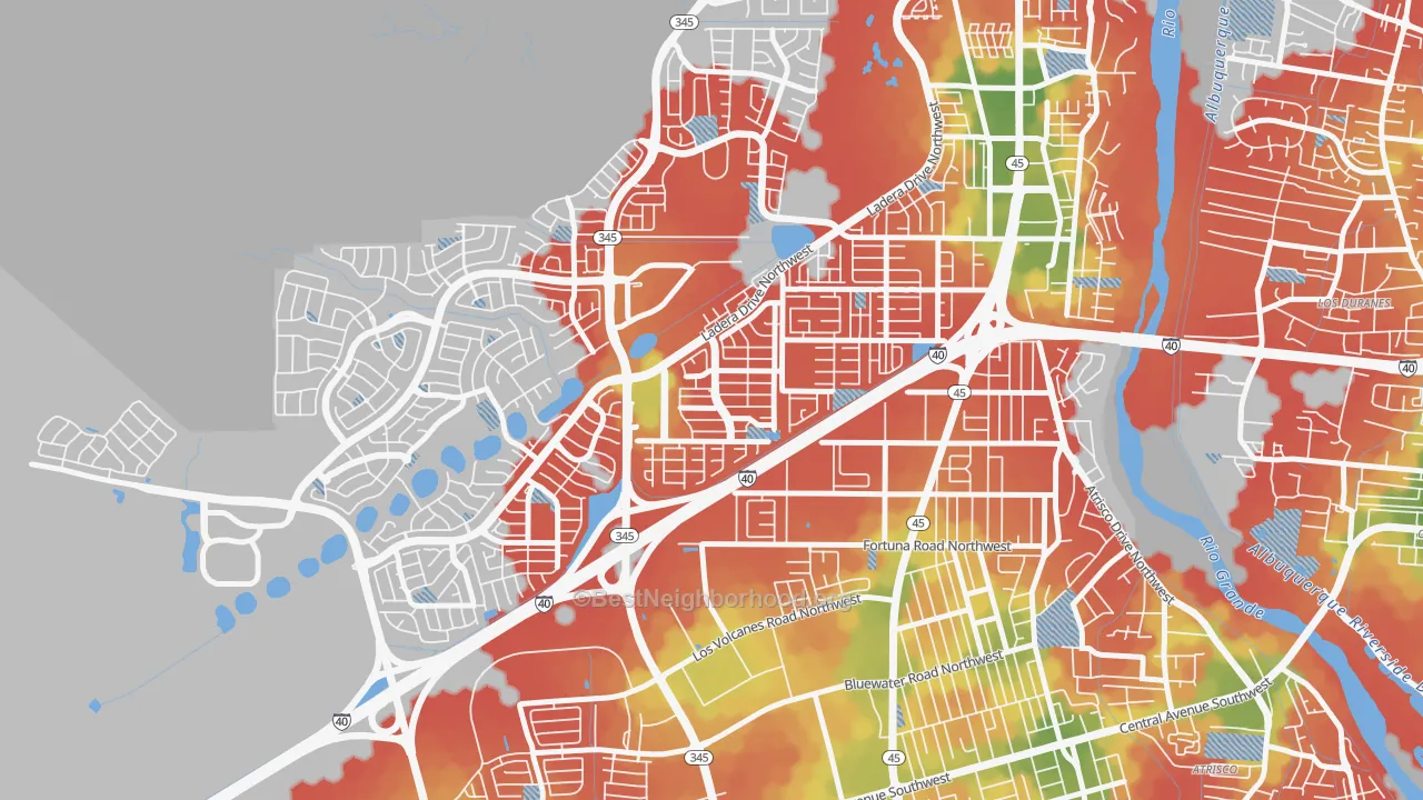 Walk Grade map of Laurelwood, Albuquerque, NM, walkable areas in green and car-dependent areas in red
