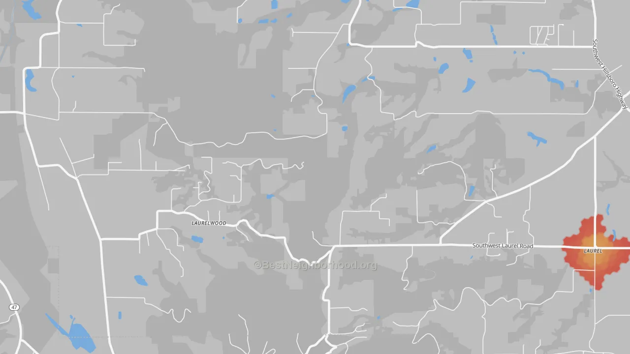 Walk Grade map of Laurelwood, OR, walkable areas in green and car-dependent areas in red