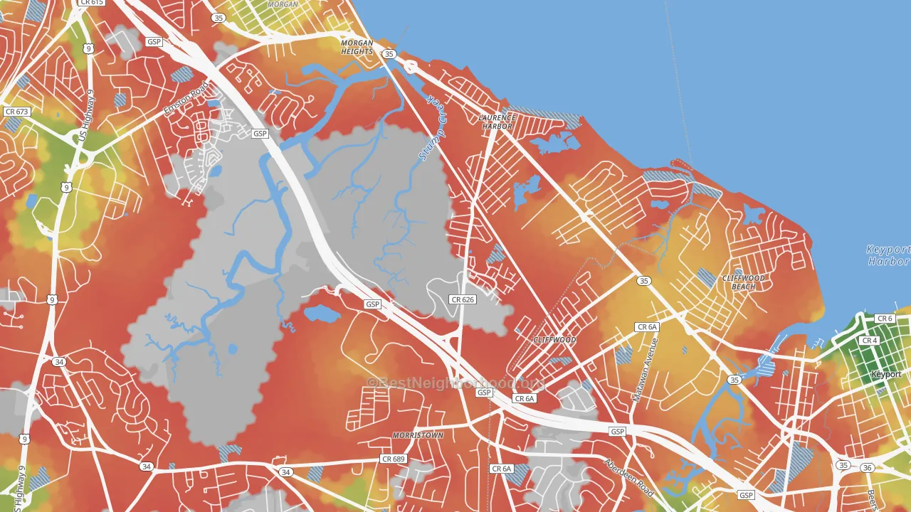 Walk Grade map of Laurence Harbor, NJ, walkable areas in green and car-dependent areas in red