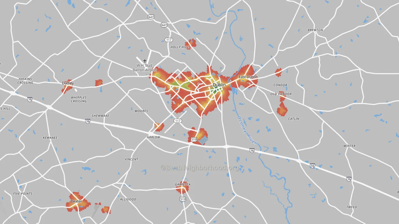 Walk Grade map of Laurens County, GA, walkable areas in green and car-dependent areas in red