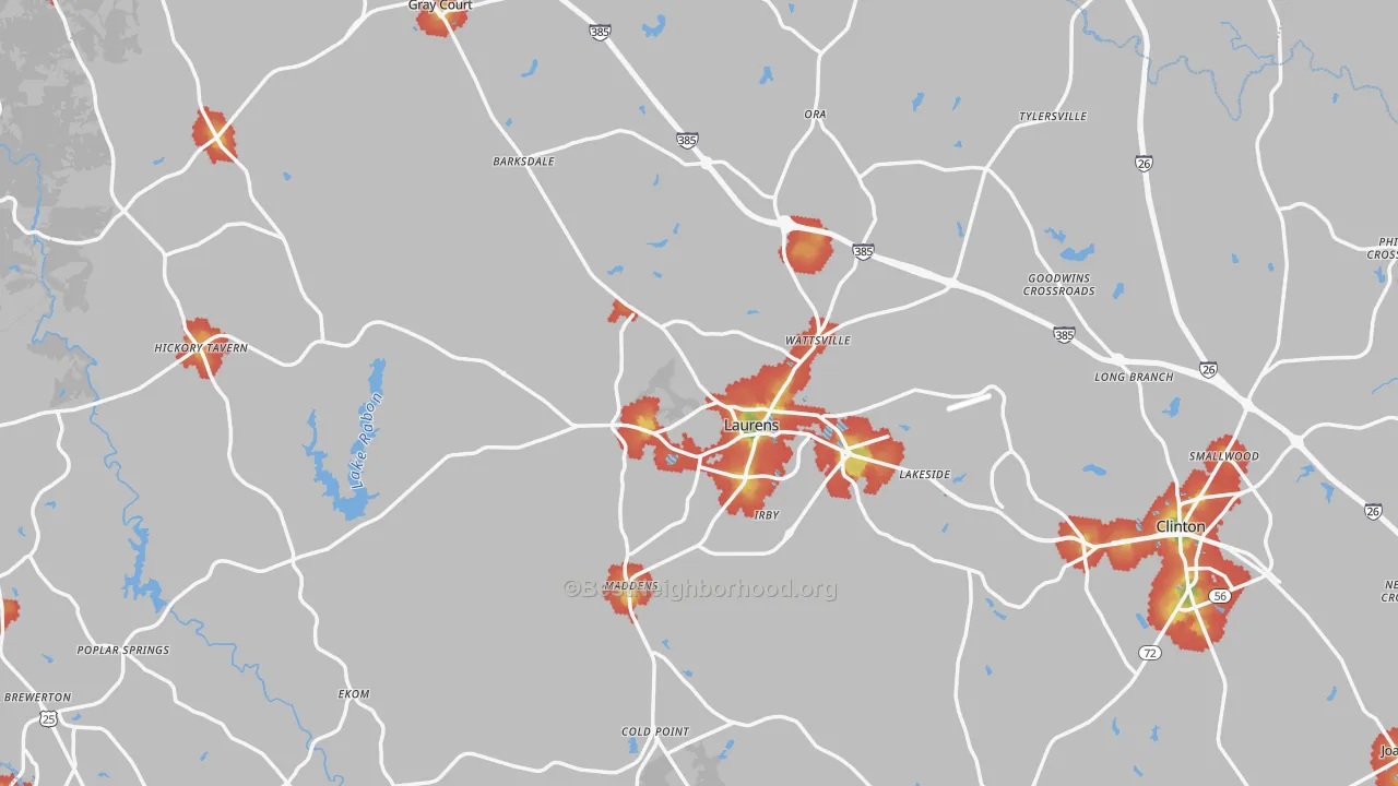 Walk Grade map of Laurens County, SC, walkable areas in green and car-dependent areas in red