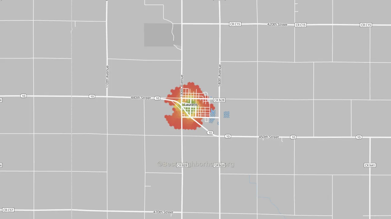 Walk Grade map of Laurens, IA, walkable areas in green and car-dependent areas in red