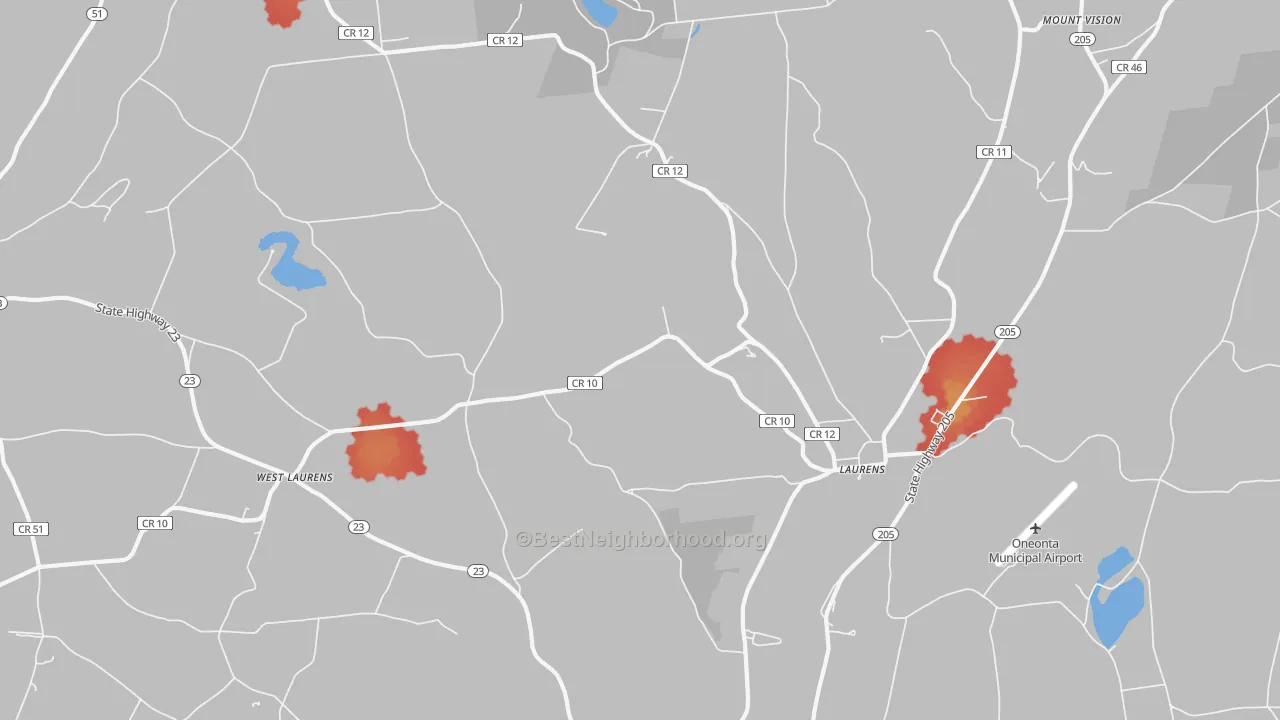 Walk Grade map of Laurens, NY, walkable areas in green and car-dependent areas in red