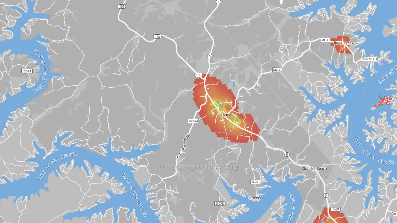 Walk Grade map of Laurie, MO, walkable areas in green and car-dependent areas in red
