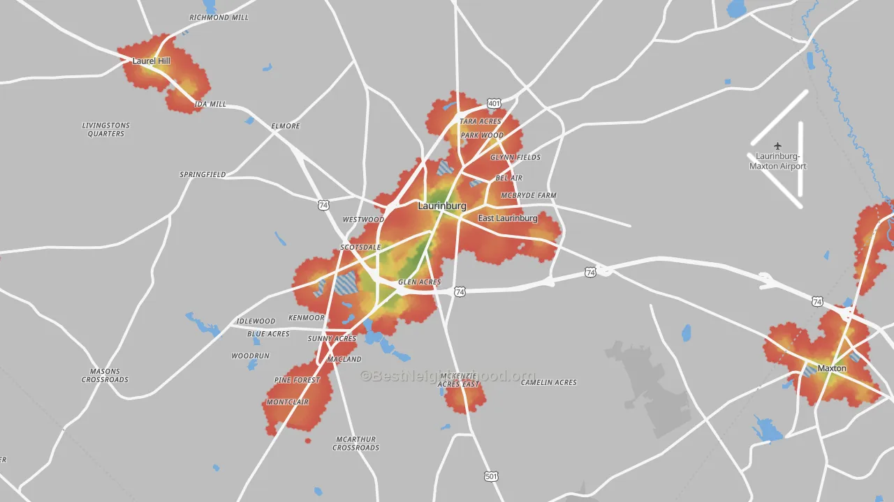 Walk Grade map of Laurinburg, NC, walkable areas in green and car-dependent areas in red
