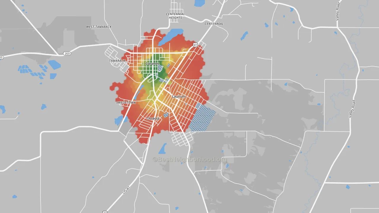 Walk Grade map of Laurium, MI, walkable areas in green and car-dependent areas in red