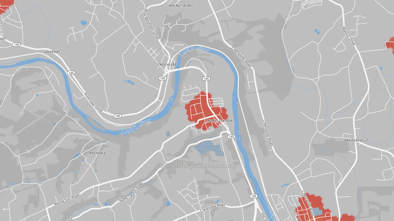 Walk Grade map of Laurys Station, PA, walkable areas in green and car-dependent areas in red