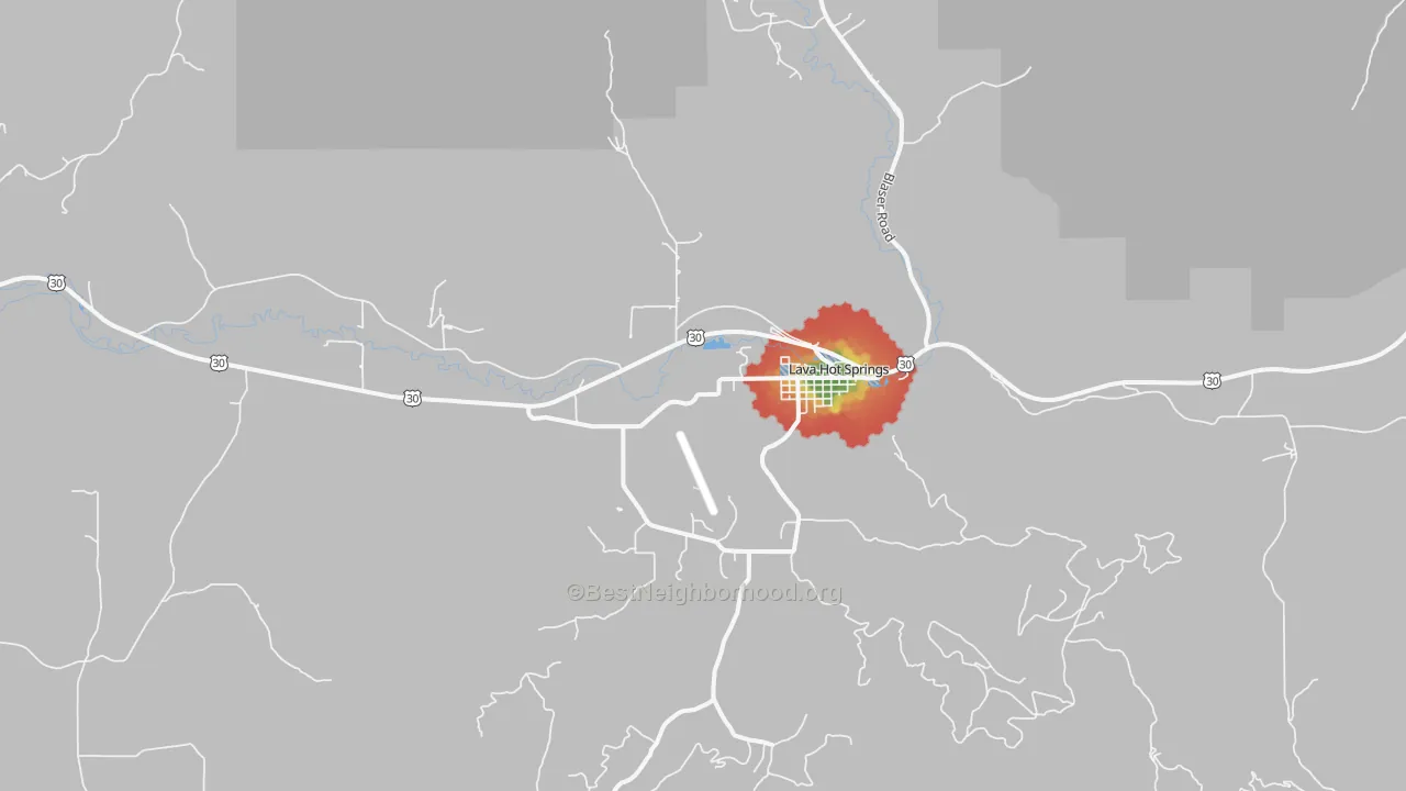Walk Grade map of Lava Hot Springs, ID, walkable areas in green and car-dependent areas in red