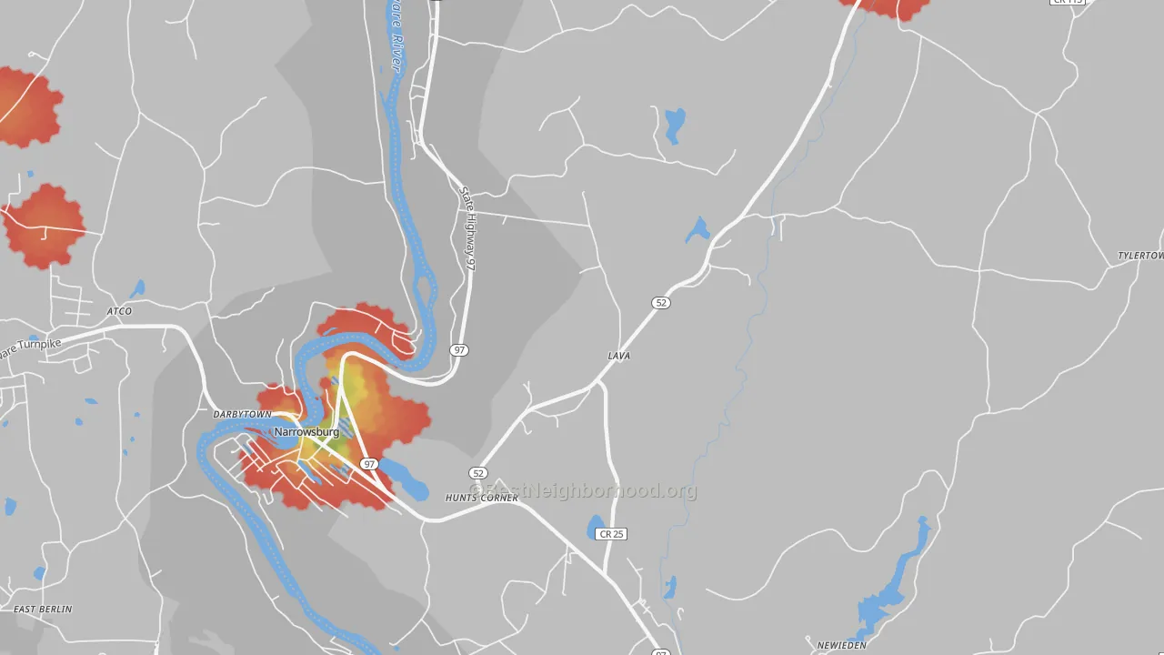 Walk Grade map of Lava, NY, walkable areas in green and car-dependent areas in red