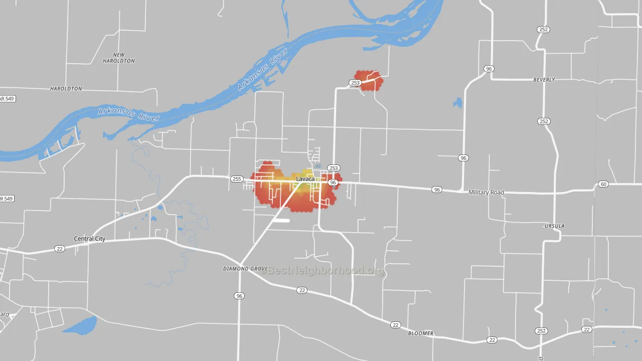 Walk Grade map of Lavaca, AR, walkable areas in green and car-dependent areas in red