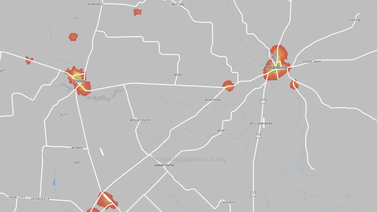 Walk Grade map of Lavaca County, TX, walkable areas in green and car-dependent areas in red
