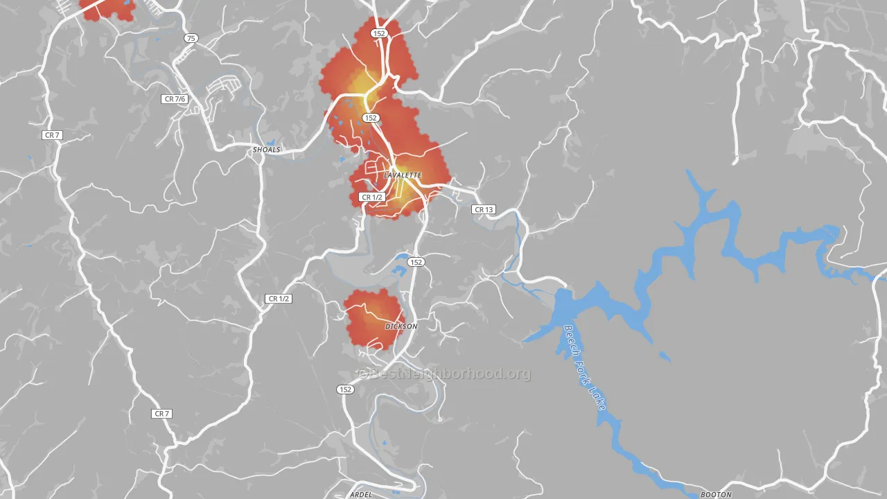 Walk Grade map of Lavalette, WV, walkable areas in green and car-dependent areas in red