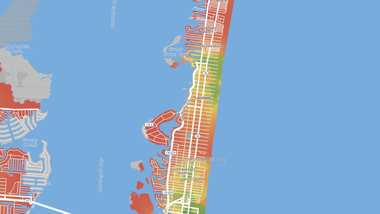 Walk Grade map of Lavallette, NJ, walkable areas in green and car-dependent areas in red