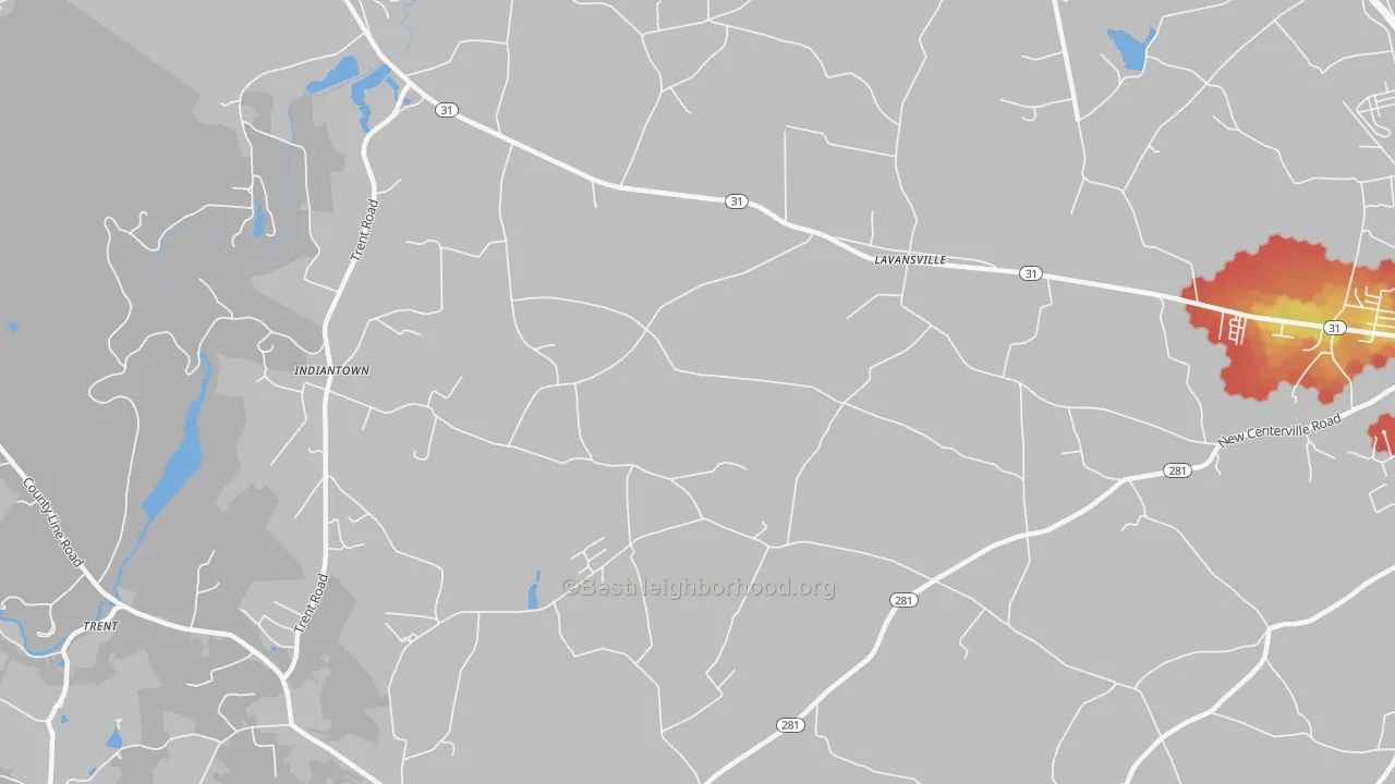 Walk Grade map of Lavansville, PA, walkable areas in green and car-dependent areas in red