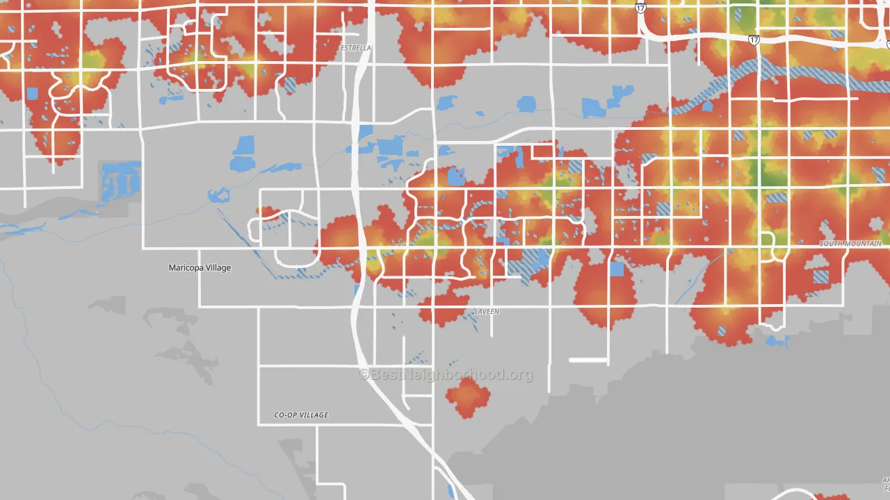 Walk Grade map of Laveen, AZ, walkable areas in green and car-dependent areas in red