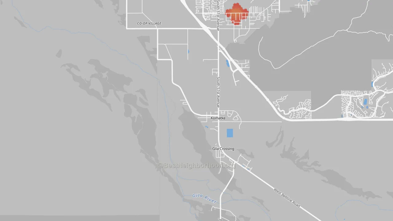 Walk Grade map of Laveen Village, AZ, walkable areas in green and car-dependent areas in red