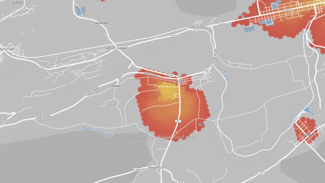 Walk Grade map of Lavelle, PA, walkable areas in green and car-dependent areas in red