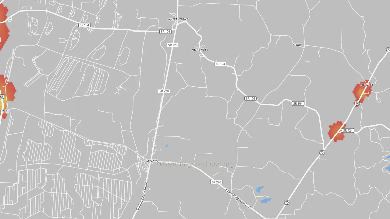 Walk Grade map of Lavinia, TN, walkable areas in green and car-dependent areas in red
