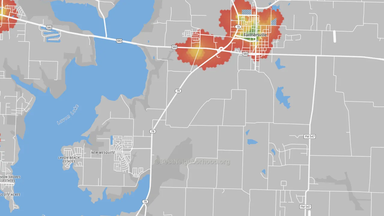 Walk Grade map of Lavon Beach Estates, TX, walkable areas in green and car-dependent areas in red